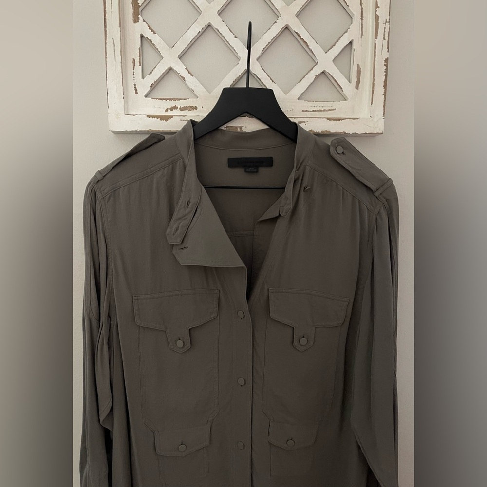 Alexander Wang 100% Silk Button Up Shirt / Tunic In Army /Olive Green Size 10 - Picture 3 of 16
